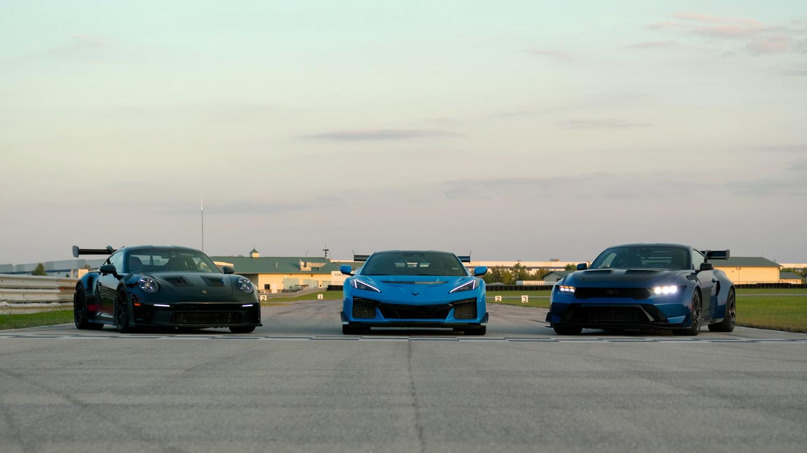 Watch the results of Corvette Zr1 and Mustang GTD vs Porsche 911 GT3 Rs