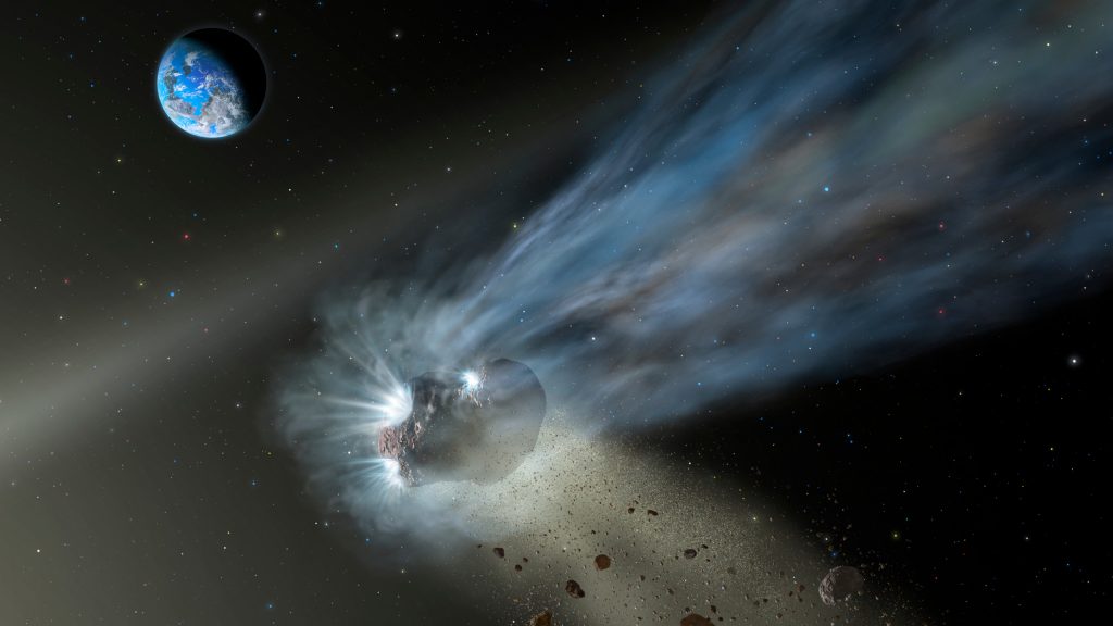 Illustration of an Oort cloud comet passing through the inner solar system as dust and gas evaporate from its tail.