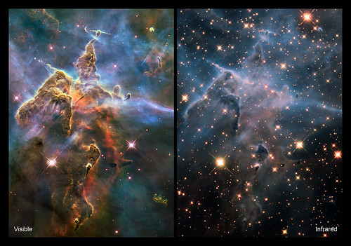 Hubble Record the Carinae Nebula.  On the left, in the visible spectrum and on the right, in the infrared, where you can see stars forming behind dust clouds