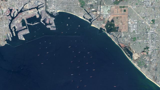 Satellite image shows ships lined up near the ports of Los Angeles and Long Beach