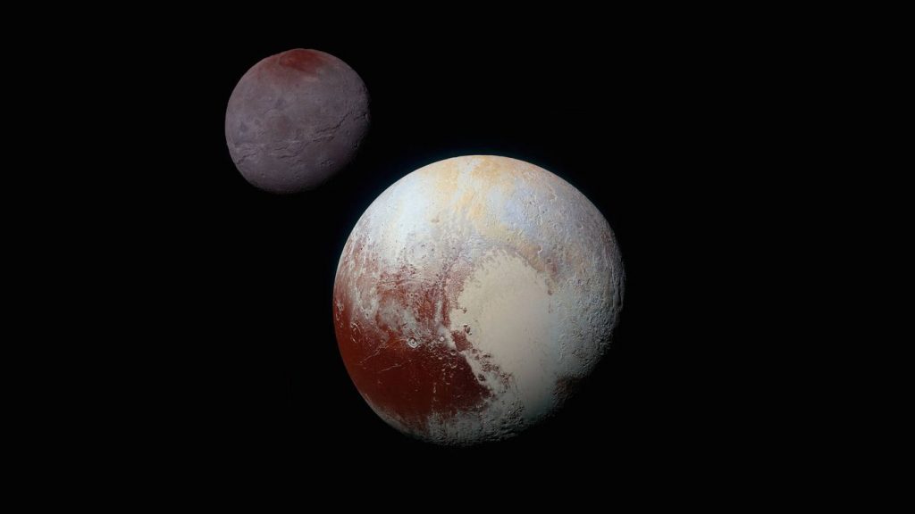The image shows the "dark side" of Pluto, illuminated by the moon Charon