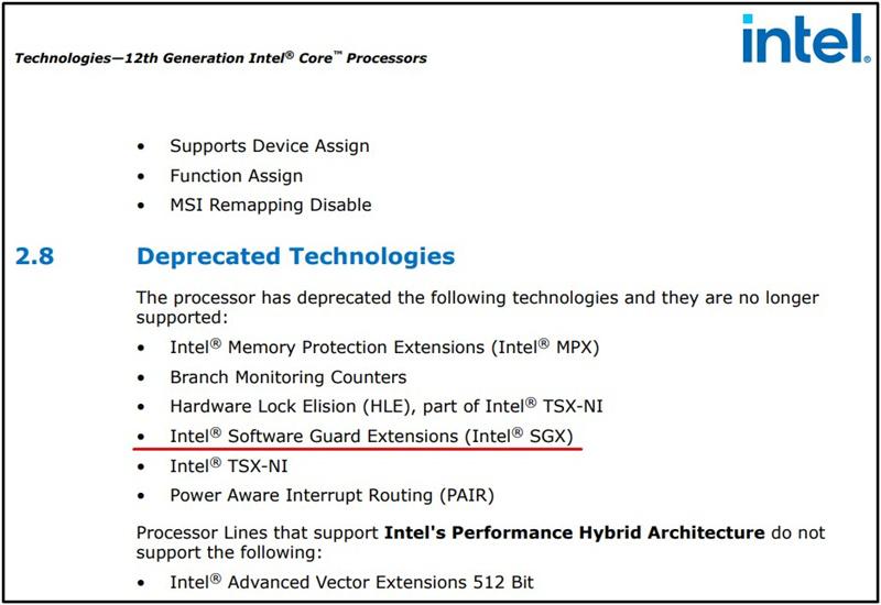 A page on the Intel website reports a loss of support for SGX technology.  (Source: BleepingComputer / clone)