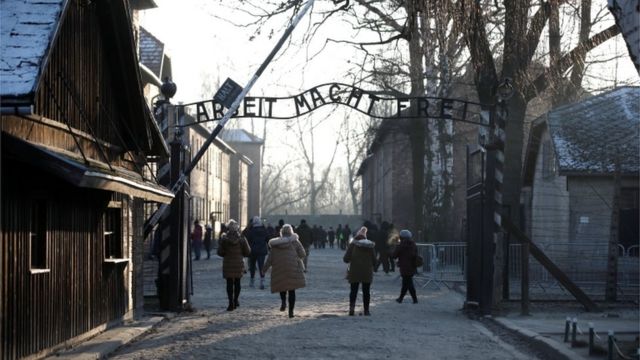 People in front of the Auschwitz gate