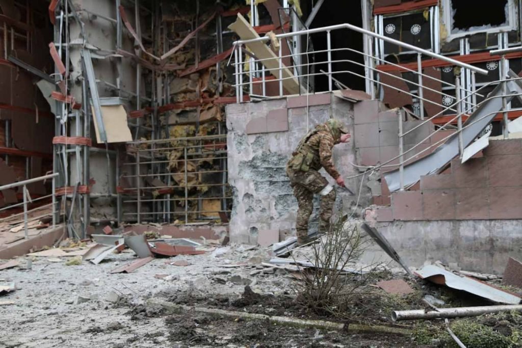 Damaged building in Kievsky Rayunda, Donetsk, Ukraine