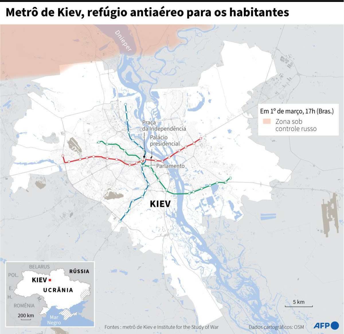 Infographics Wednesday 2/3 - Map of Kyiv with the location of the three metro lines of the Ukrainian capital, and the Russian-controlled area of ​​the city, on March 1 at 5 pm (Brass).