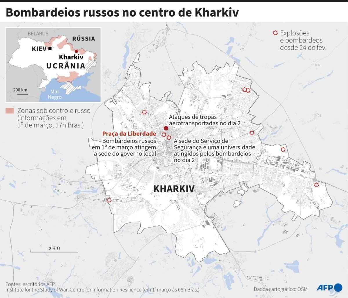 Infographic Wednesday 2/3 - The site of explosions and explosions since February 24 in the center of Kharkiv, the second largest city in Ukraine.  Credit: Simone Malvato, Sophie Ramis, Maria Cecilia Resende, Kenan Ogaard / AFP