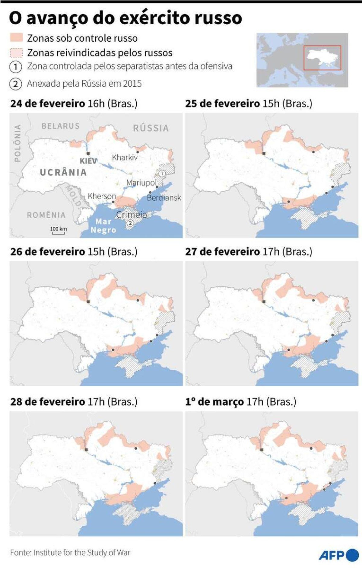 Charts Wednesday 2/3 - Map of Ukraine comparing Russian-controlled areas from February 24 to March 1