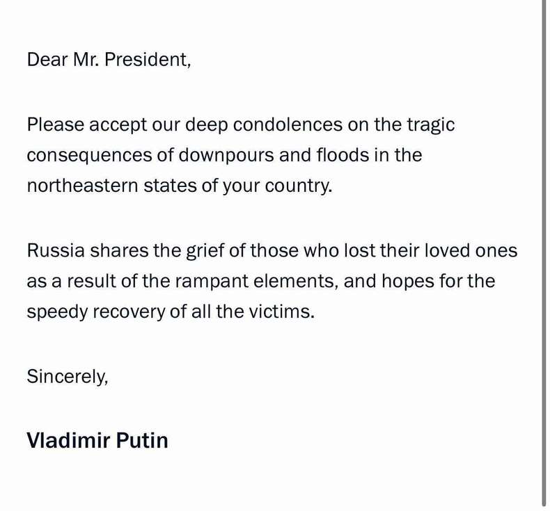 Putin's note on deaths in the northeast