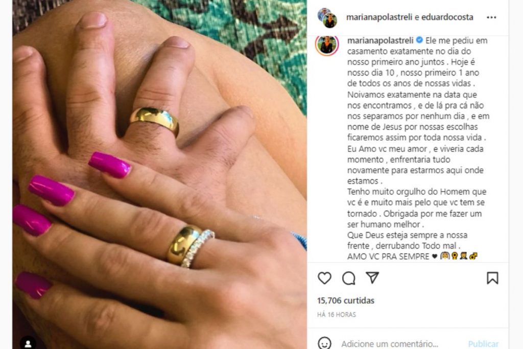 Mariana Polastrelli announces her engagement to Eduardo Costa on Instagram