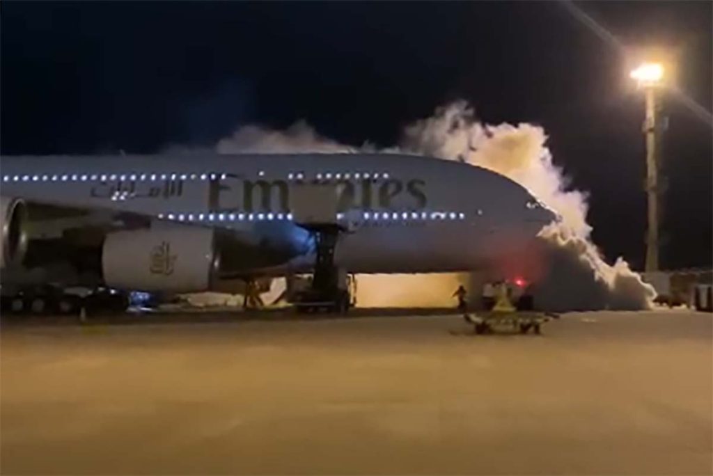 An Emirates Airbus A380 filled with smoke after equipment malfunctioned in Guarulhos