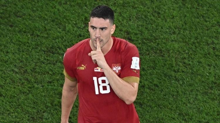 Dusan Vlahovic responds to Shaqiri's provocation during celebration of Serbia's second goal - Manan Vatsiajana/AFP - Manan Vatsiaana/AFP